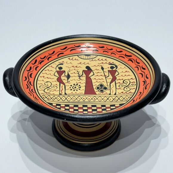 Vintage Hand Made Savas Ceramics Rhodes Small Pedestal Bowl Greek Figures (A9) - Picture 1 of 16